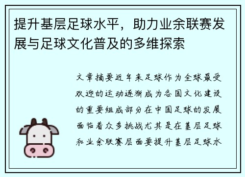 提升基层足球水平，助力业余联赛发展与足球文化普及的多维探索