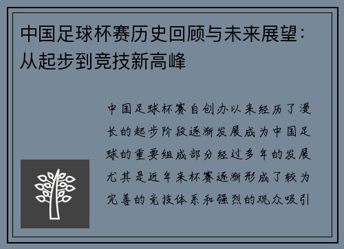 中国足球杯赛历史回顾与未来展望：从起步到竞技新高峰