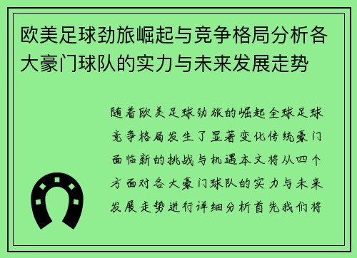 欧美足球劲旅崛起与竞争格局分析各大豪门球队的实力与未来发展走势