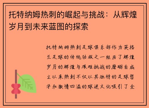 托特纳姆热刺的崛起与挑战：从辉煌岁月到未来蓝图的探索