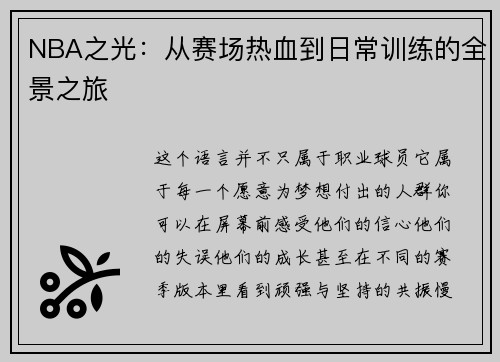 NBA之光：从赛场热血到日常训练的全景之旅